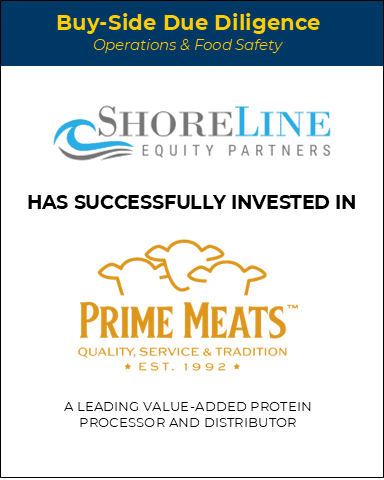 A notice announcing Shoreline Equity Partners’ investment in Prime Meats, a protein processor and distributor established in 1992.