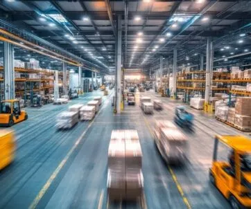 Large warehouse interior with shelves stacked with boxes, multiple forklifts moving pallets and crates, and bright overhead lighting illuminating the busy space.