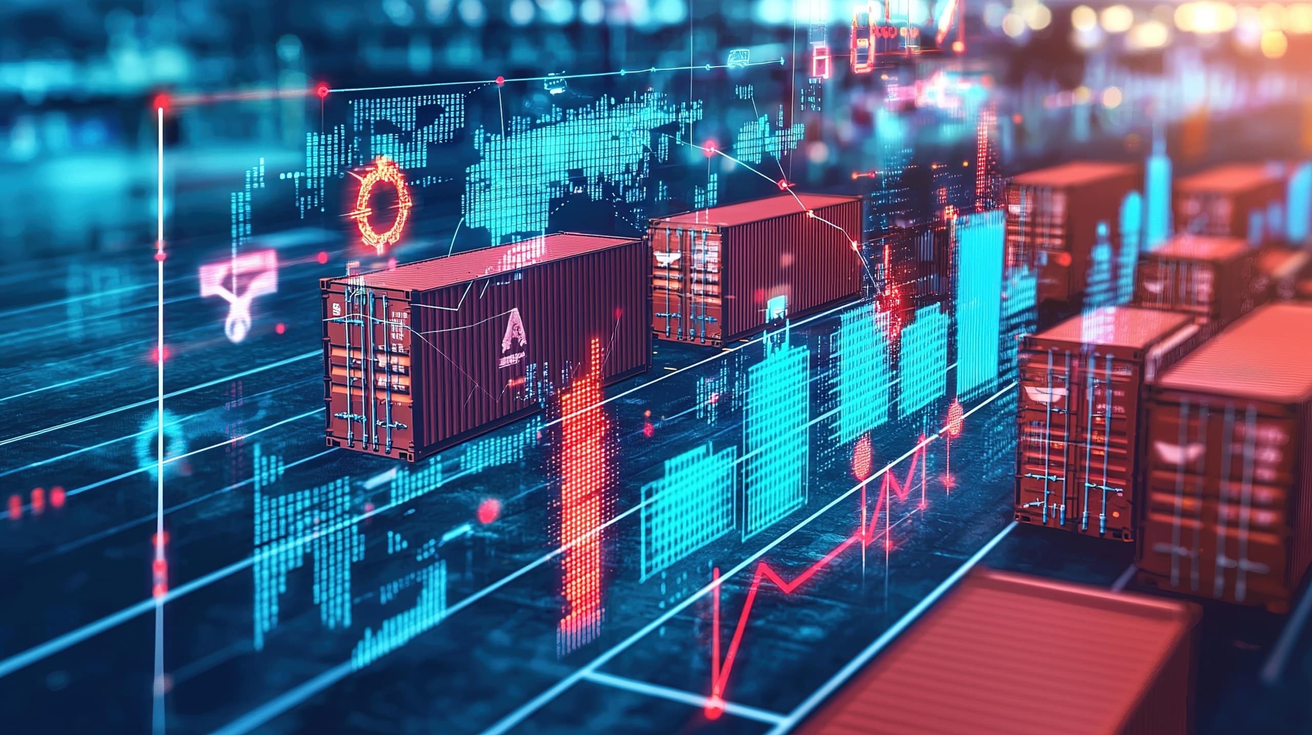 Digital graphics overlay shipping containers at a port, displaying data charts, world maps, and technological icons representing global logistics and supply chain analysis.