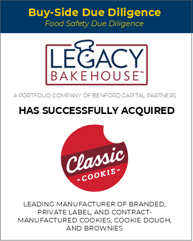 Announcement stating Legacy Bakehouse has acquired Classic Cookie, a manufacturer of branded and private label cookies, cookie dough, and brownies.