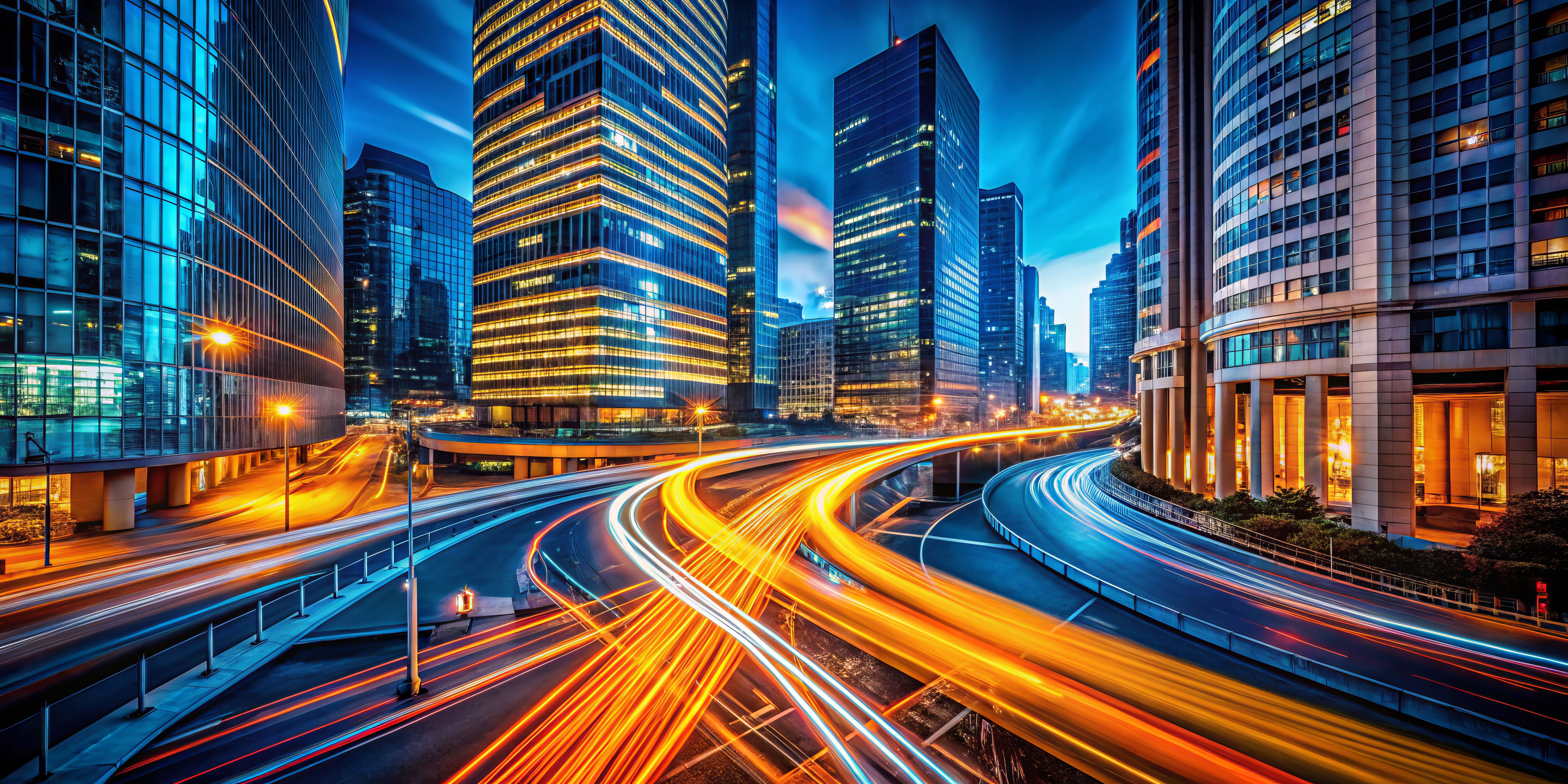 Cityscape at night with tall skyscrapers and intersecting roads, showing light trails from fast-moving vehicles and illuminated buildings.