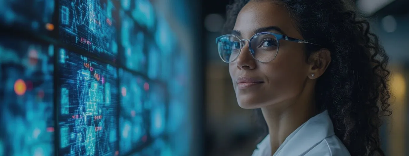 A woman in glasses stands in front of large digital screens displaying complex data and blue graphics, looking confidently at the camera.