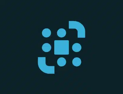 A blue abstract geometric logo with circles, squares, and curved corners arranged symmetrically on a dark background.
