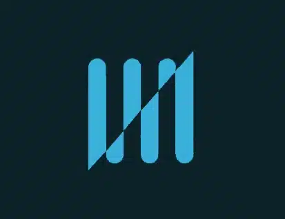 A blue geometric logo with four vertical rounded bars, intersected diagonally by a line, on a dark background.