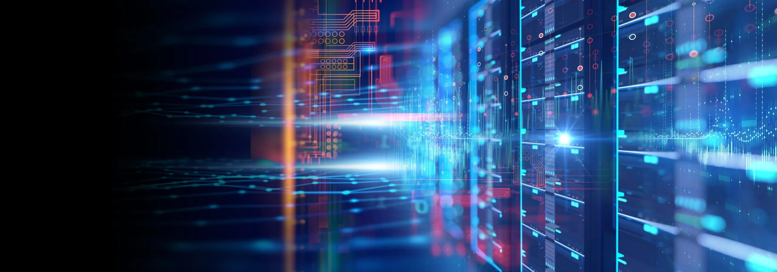 A digital illustration of a data center with server racks, glowing lights, and circuit patterns representing data processing and network connections.