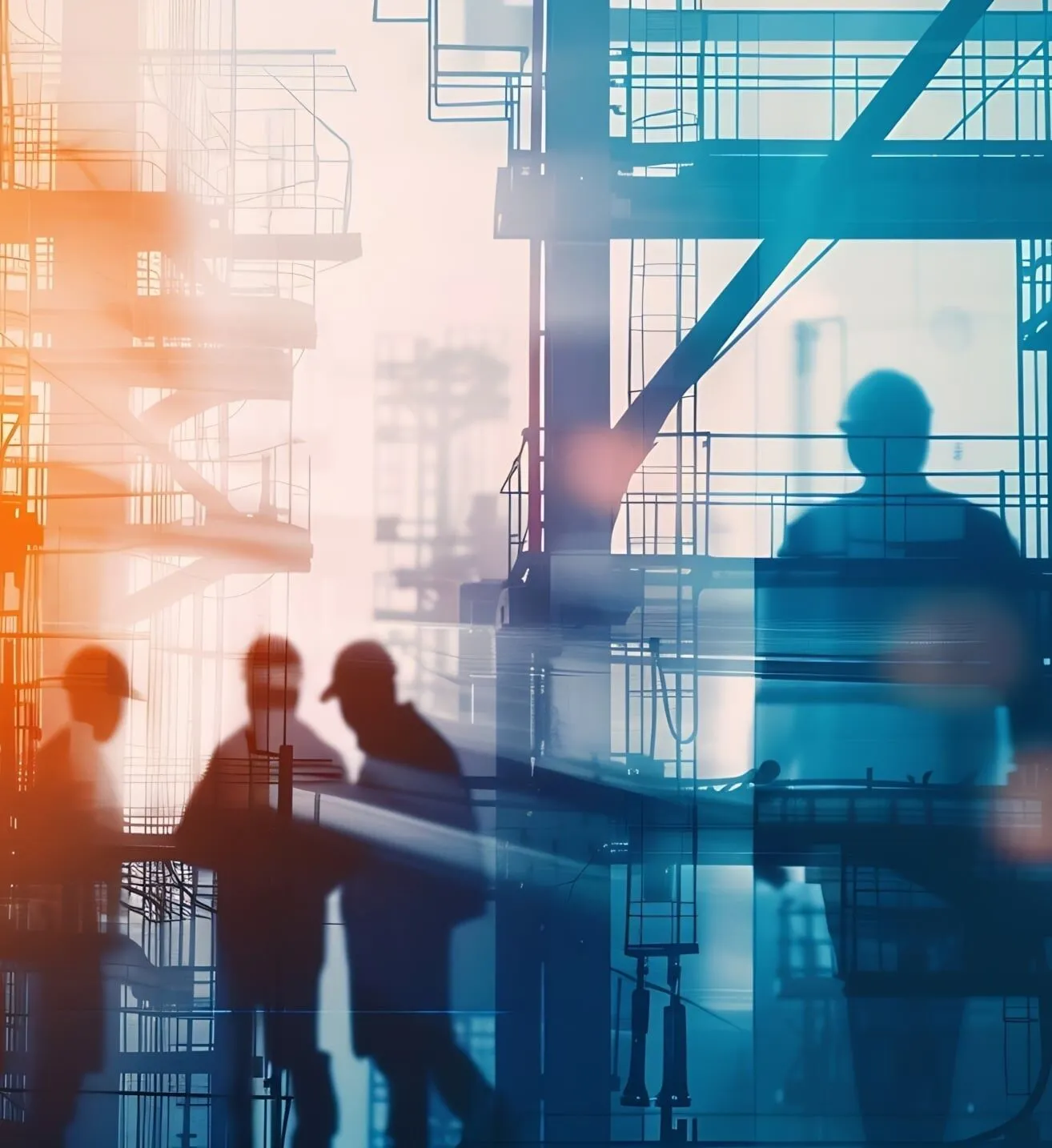 Silhouettes of workers wearing hard hats stand and walk at an industrial construction site with metal scaffolding and framework in the background.
