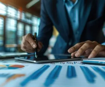A person in a suit uses a tablet with one hand while holding a stylus, reviewing a due diligence checklist as charts and graphs are visible on the desk in the foreground.