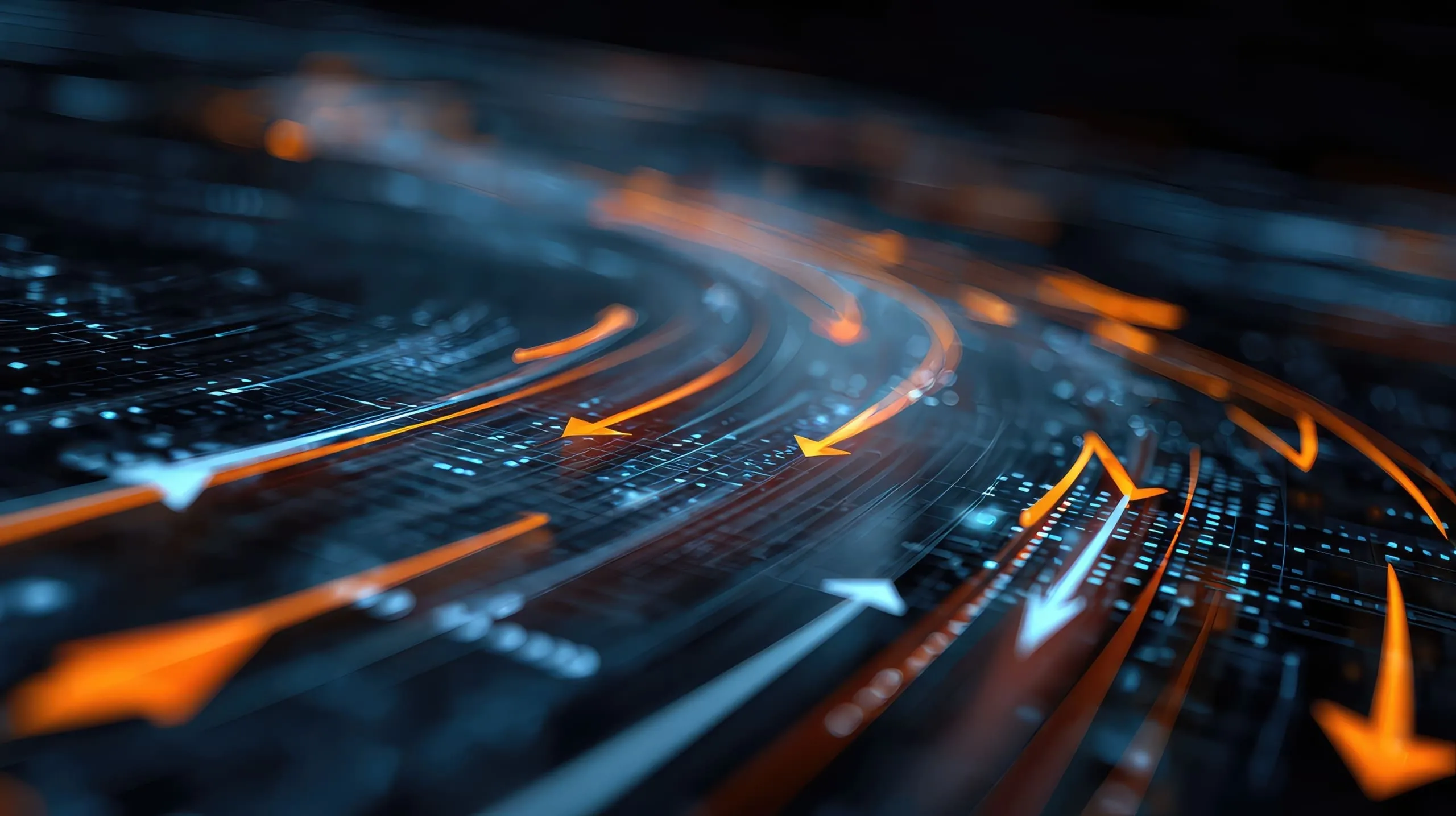 Abstract digital background with curved orange and white arrows on dark circuitry, representing data transfer or high-speed information flow.