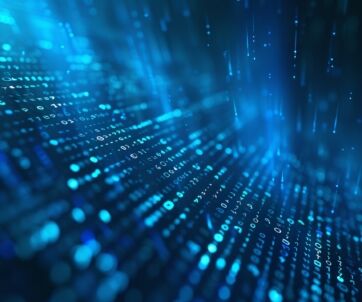 Blue digital abstract background with binary code and glowing lines, representing data flow and digital technology concepts.