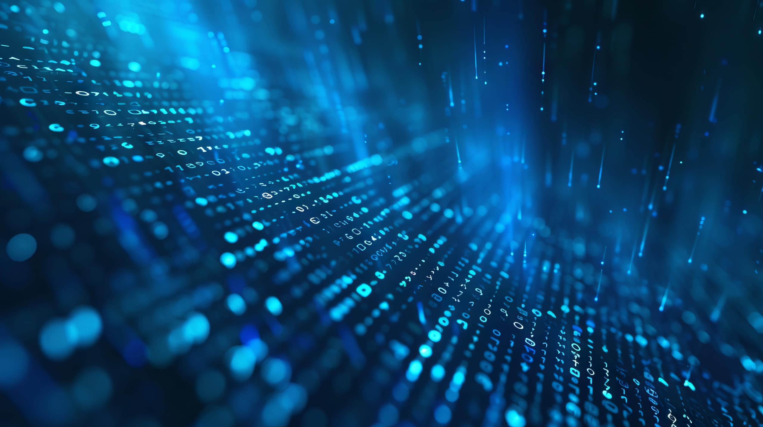 Blue digital abstract background with binary code and glowing lines, representing data flow and digital technology concepts.