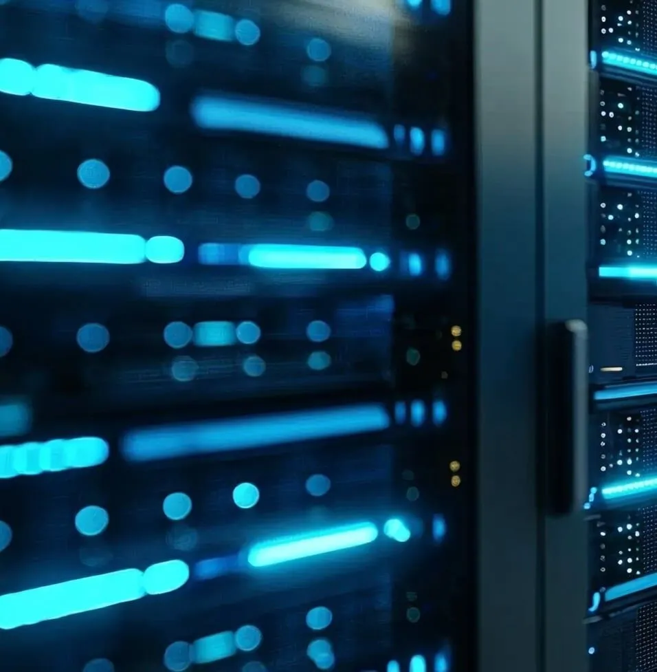 Close-up view of server racks with blue LED lights in a data center environment.