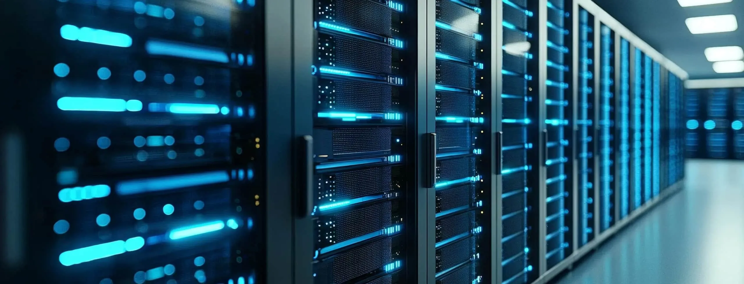 Rows of server racks with blue LED lights in a data center.