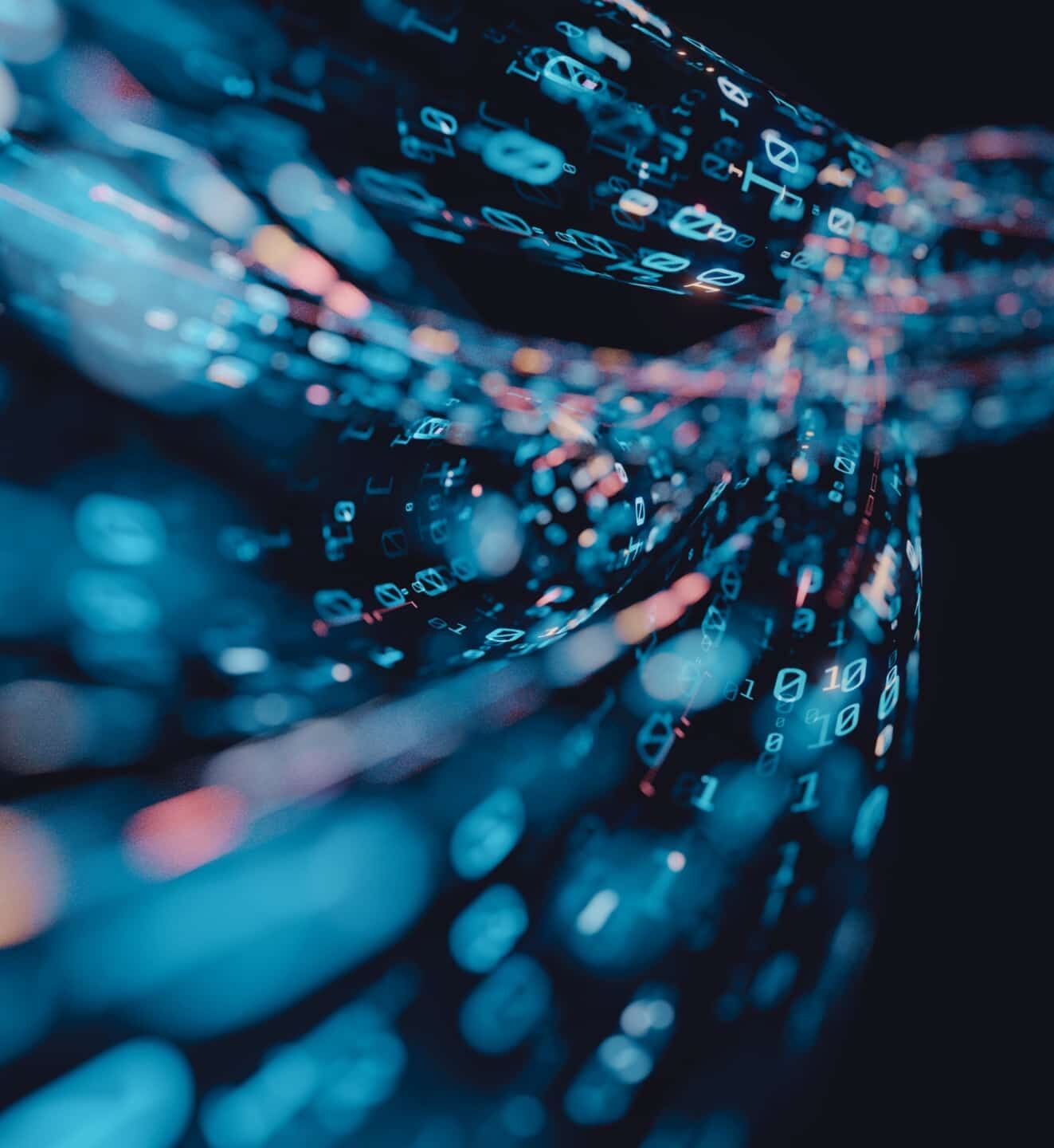Digital strands with binary code flow across a dark background, representing data transfer or digital communication.