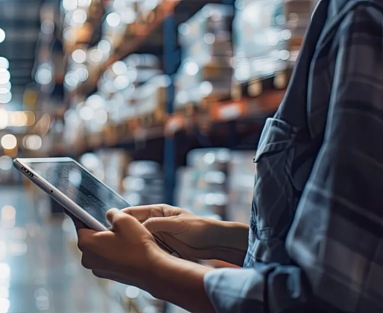 A person in a warehouse uses a tablet, with shelves of boxes visible in the background.