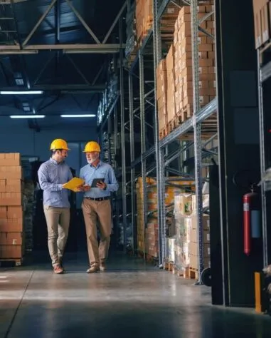 Two workers wearing yellow hard hats walk and review documents in a warehouse aisle lined with shelves and boxes.