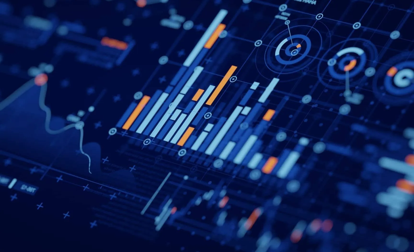 Abstract digital dashboard displaying various data visualizations, including bar charts, line graphs, and network diagrams with blue and orange highlights on a dark background.