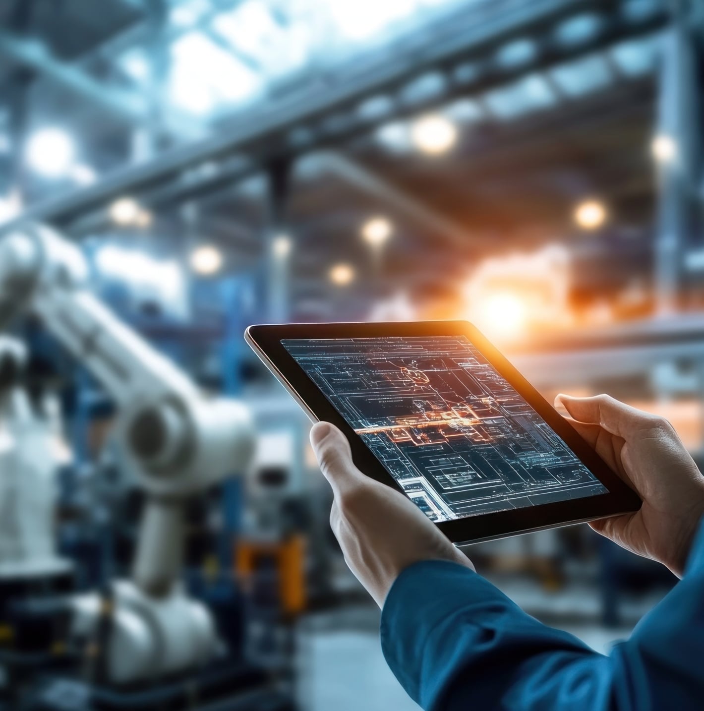 Person holding a tablet displaying technical schematics in a factory with robotic arms and industrial equipment in the background.
