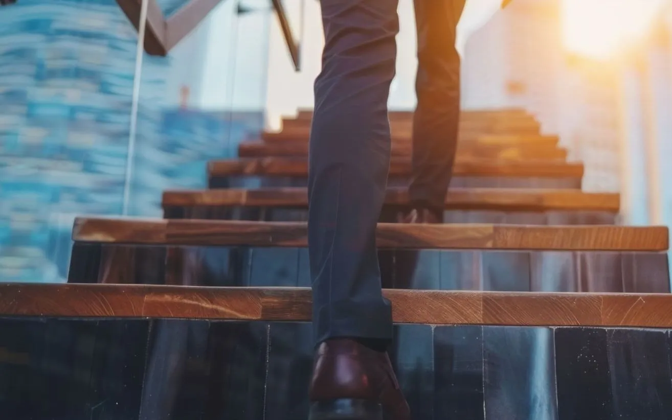 A person in business attire walks up modern wooden stairs in an urban setting with tall buildings and sunlight in the background.