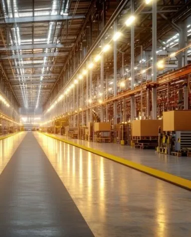 Large, well-lit industrial warehouse interior with high ceilings, rows of shelves, and packed cardboard boxes arranged along the right side.