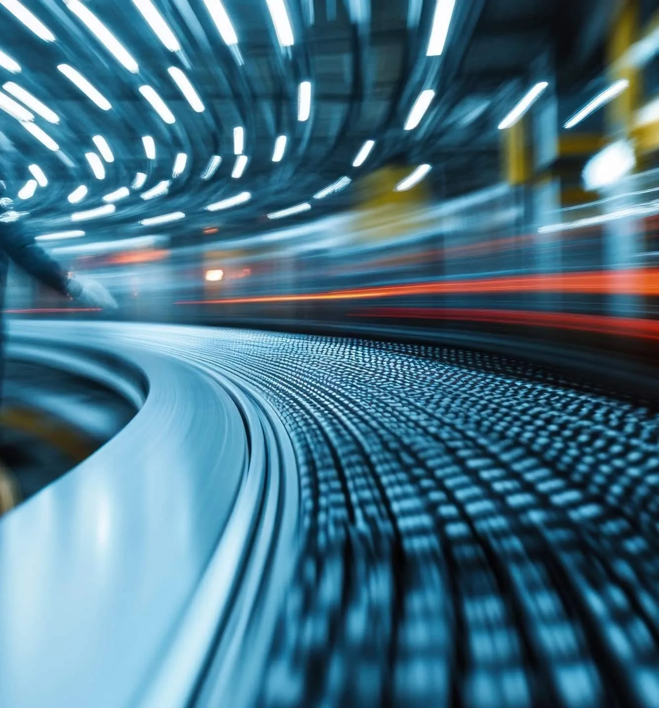 A blurred close-up of a fast-moving conveyor belt in an industrial facility, with motion lines emphasizing speed and efficiency.