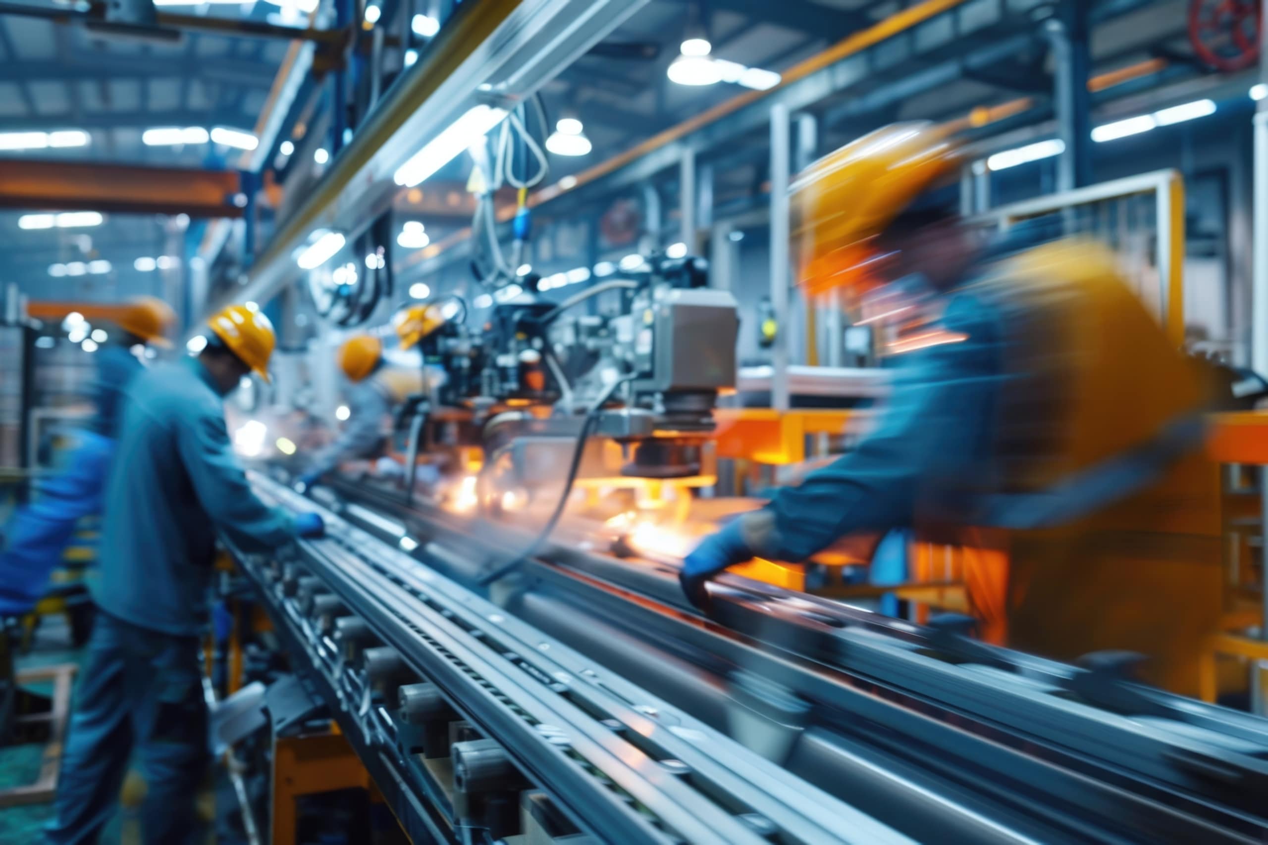 Workers wearing safety helmets operate machinery along an assembly line in a brightly lit industrial factory setting.