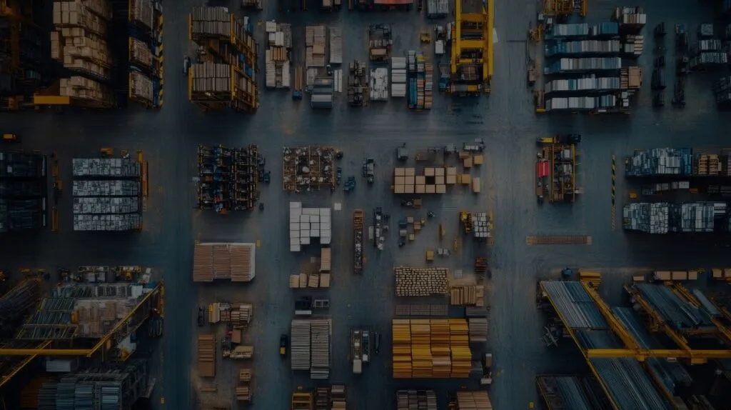 Aerial view of an industrial storage yard with rows of shipping containers, pallets, and construction materials organized in sections.