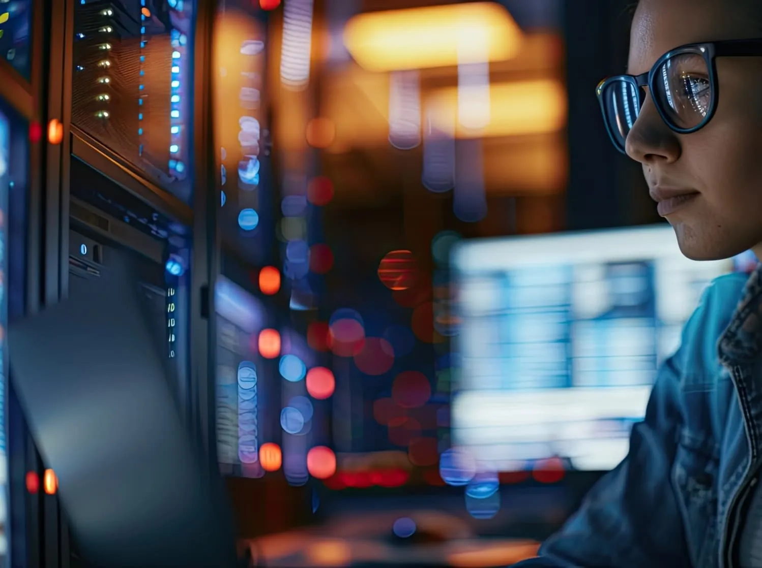 Person wearing glasses working at a computer in a server room, surrounded by vibrant lights and monitors, focused on developing an ERP implementation strategy.