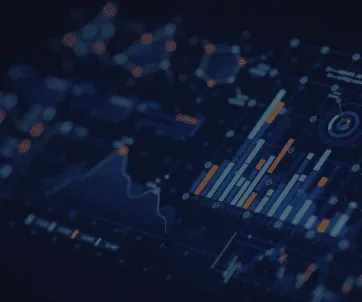 A dark-themed digital dashboard displays various charts, graphs, and data visualizations with bar graphs, line charts, and circular diagrams in blue and orange tones.