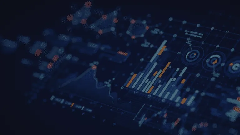 A dark-themed digital dashboard displays various charts, graphs, and data visualizations with bar graphs, line charts, and circular diagrams in blue and orange tones.