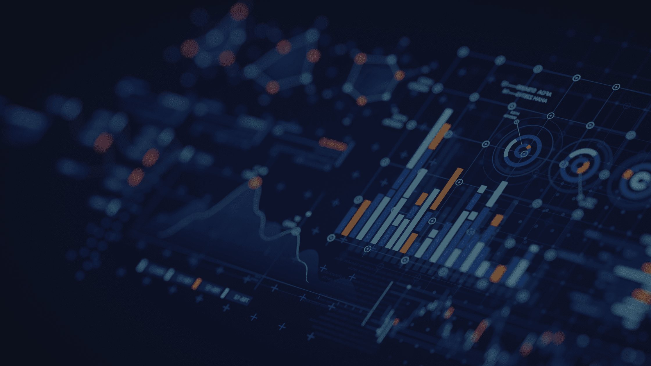 A dark-themed digital dashboard displays various charts, graphs, and data visualizations with bar graphs, line charts, and circular diagrams in blue and orange tones.