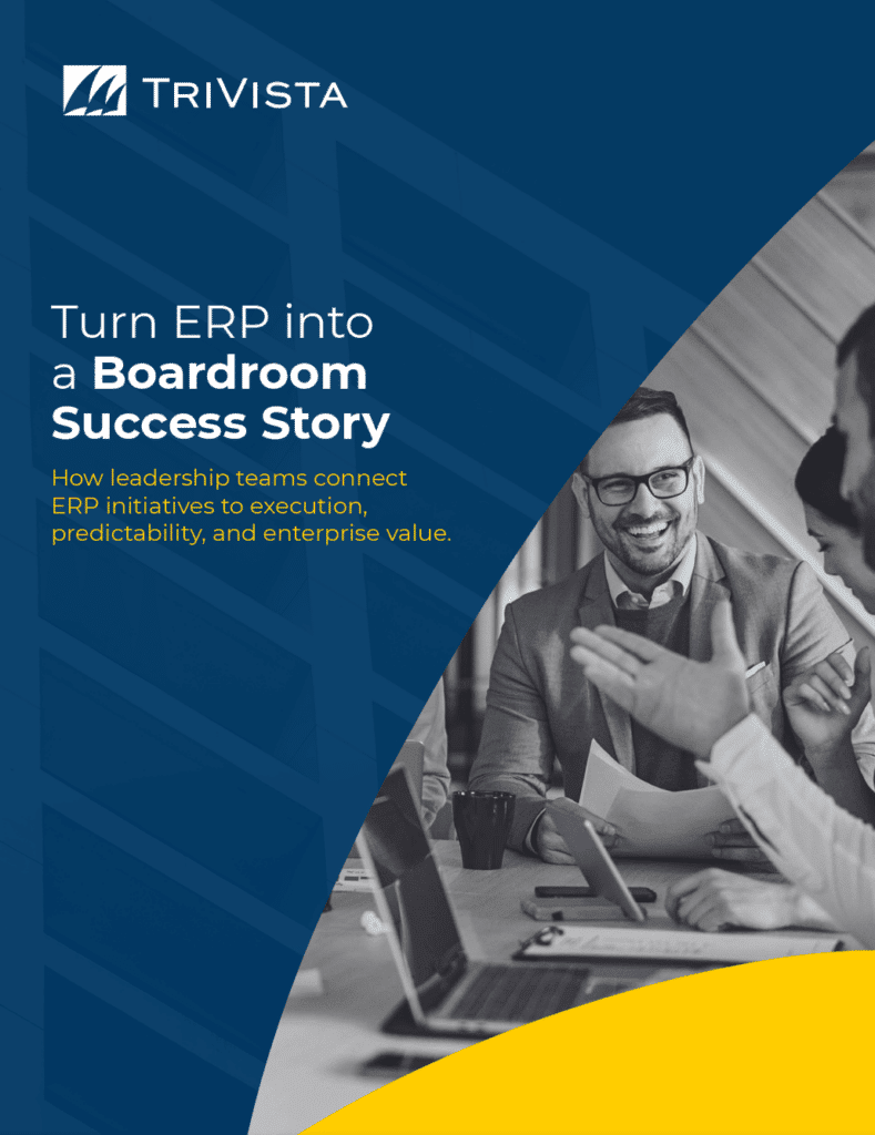 A business meeting with a smiling man in a suit, laptop and documents on the table, and text promoting ERP success from Trivista.