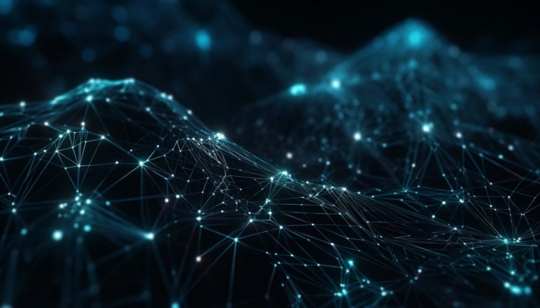 A digital abstract image of interconnected glowing blue nodes and lines forming a network pattern, resembling data or neural networks on a dark background.