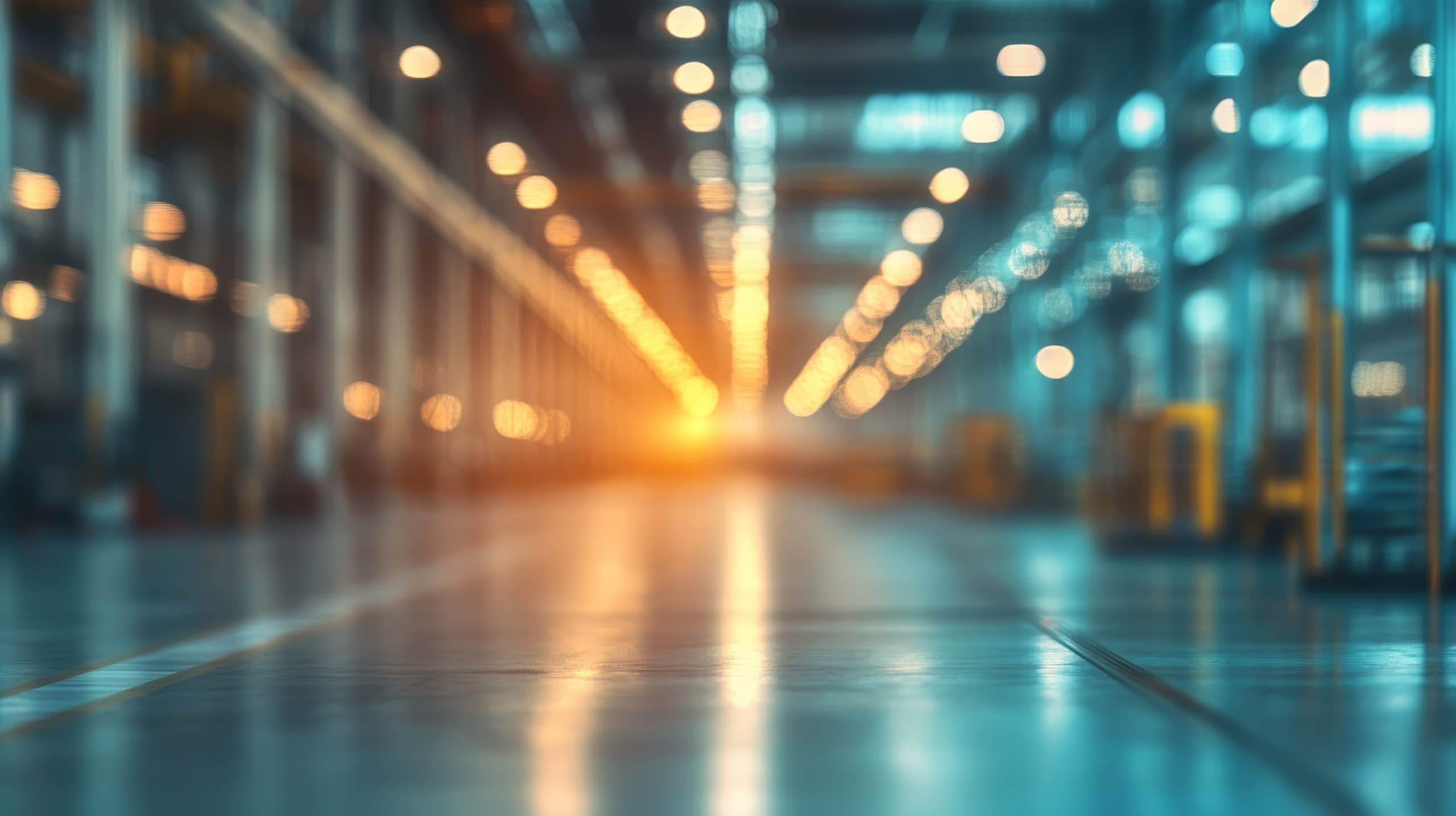 A large, modern warehouse interior with bright overhead lights and shelving, featuring a reflective floor and a distant glowing light source at the far end.