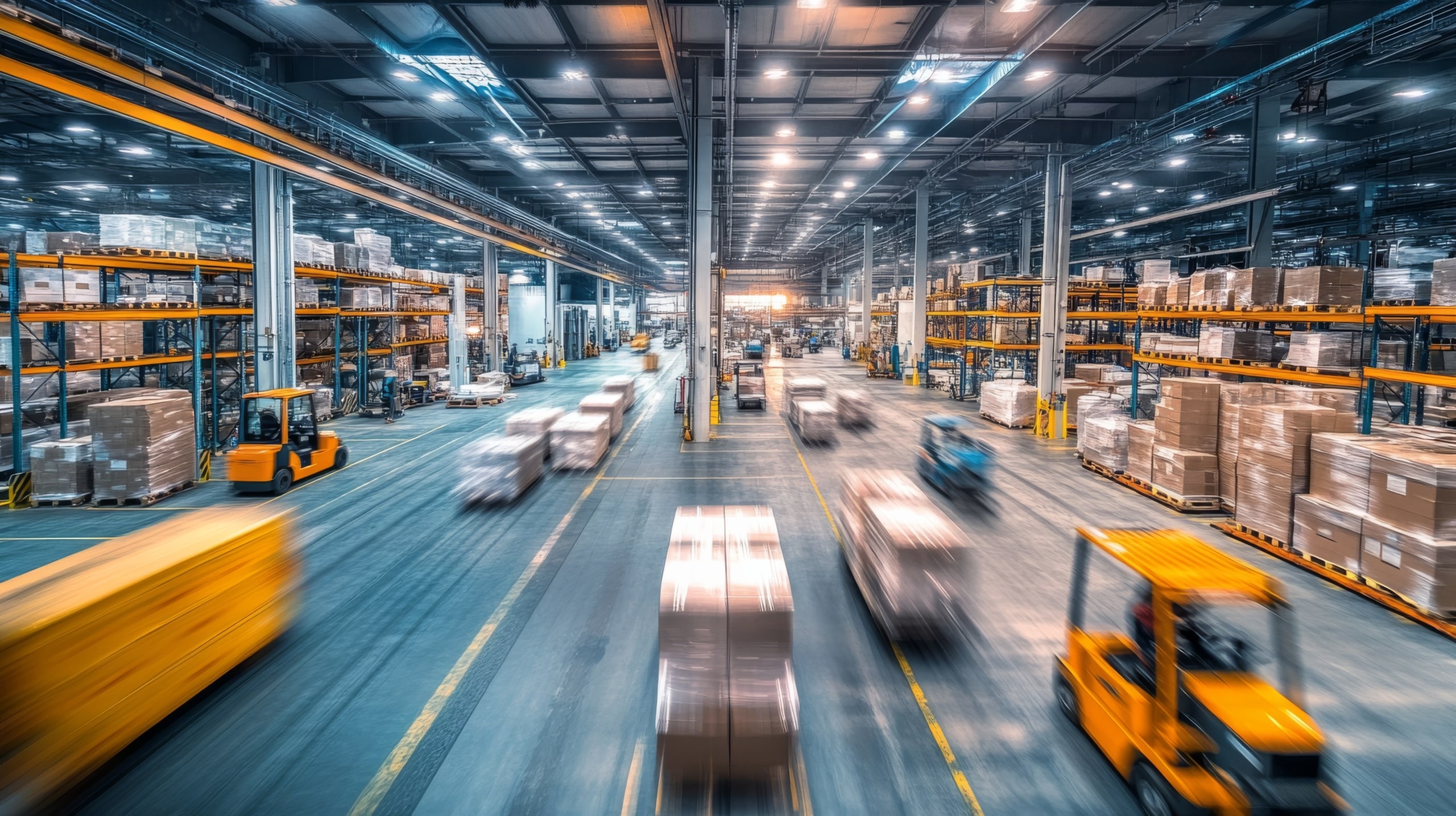 Large warehouse interior with shelves stacked with boxes, multiple forklifts moving pallets and crates, and bright overhead lighting illuminating the busy space.
