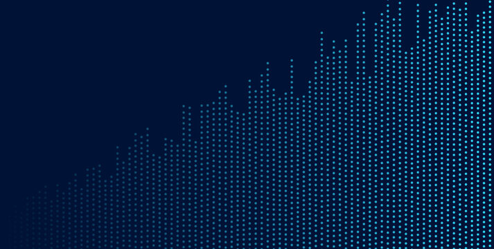 Blue gradient dots form an upward diagonal pattern on a dark blue background, creating a digital abstract design.