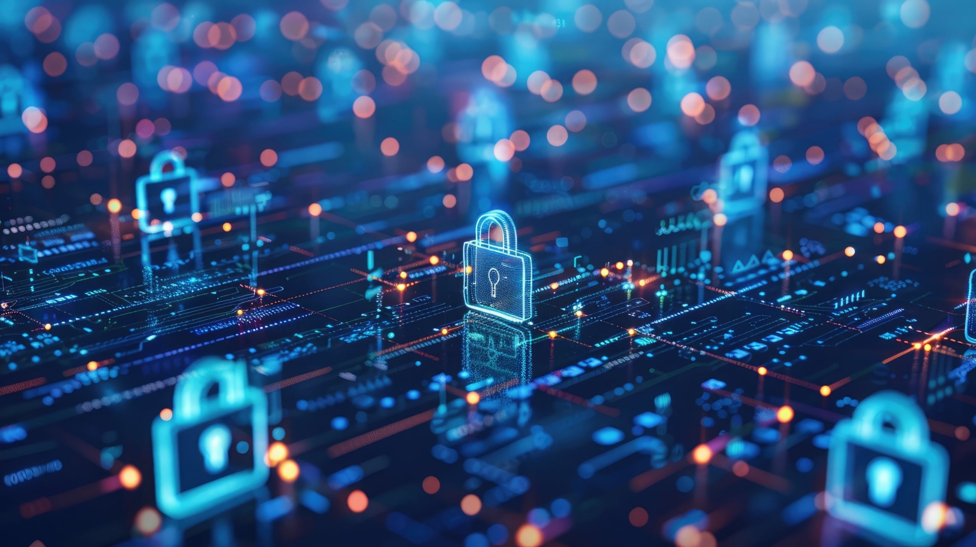 A digital illustration of glowing padlocks on a network circuit board, symbolizing cybersecurity and data protection across a connected digital landscape.
