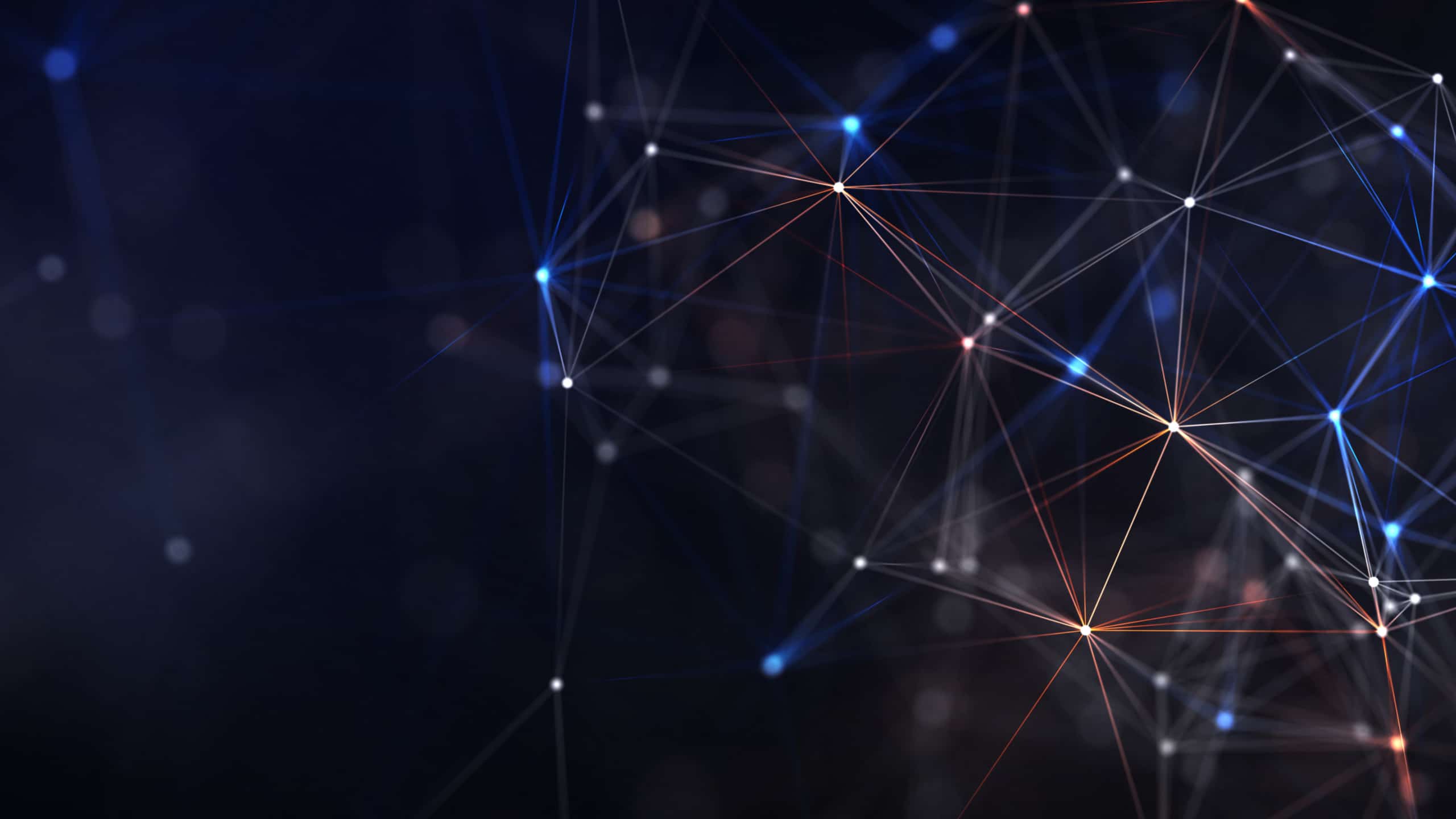 A dark abstract background with interconnected glowing lines and dots forming a geometric network pattern, featuring blue and orange highlights.