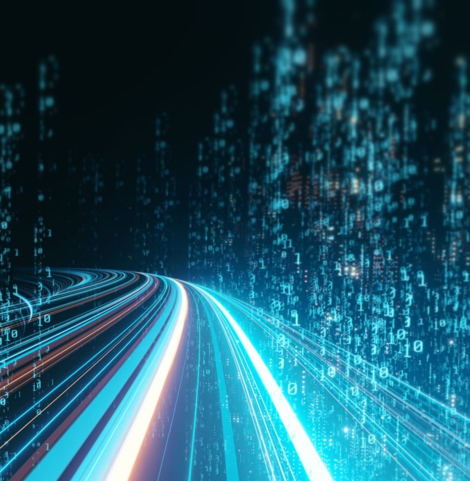 A digital illustration of glowing lines and binary code forming a futuristic, data-driven highway through a cityscape.
