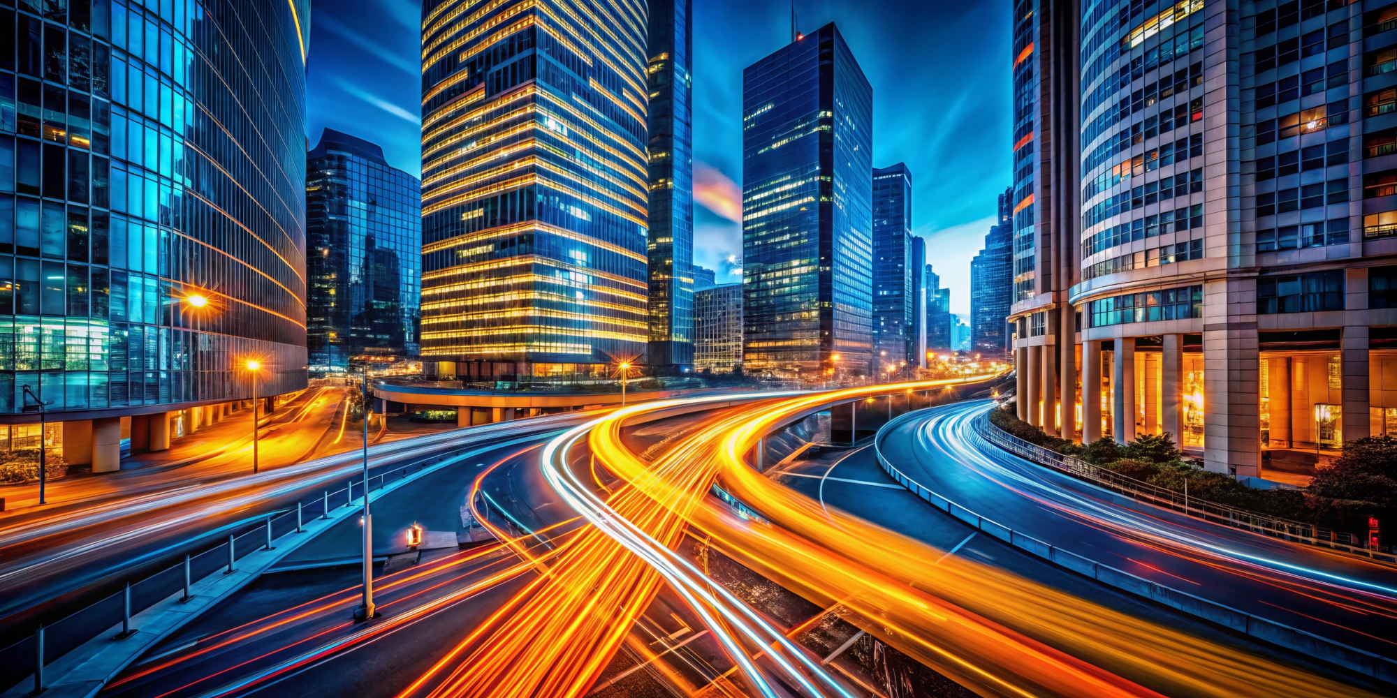 Cityscape at night with tall skyscrapers and intersecting roads, showing light trails from fast-moving vehicles and illuminated buildings.