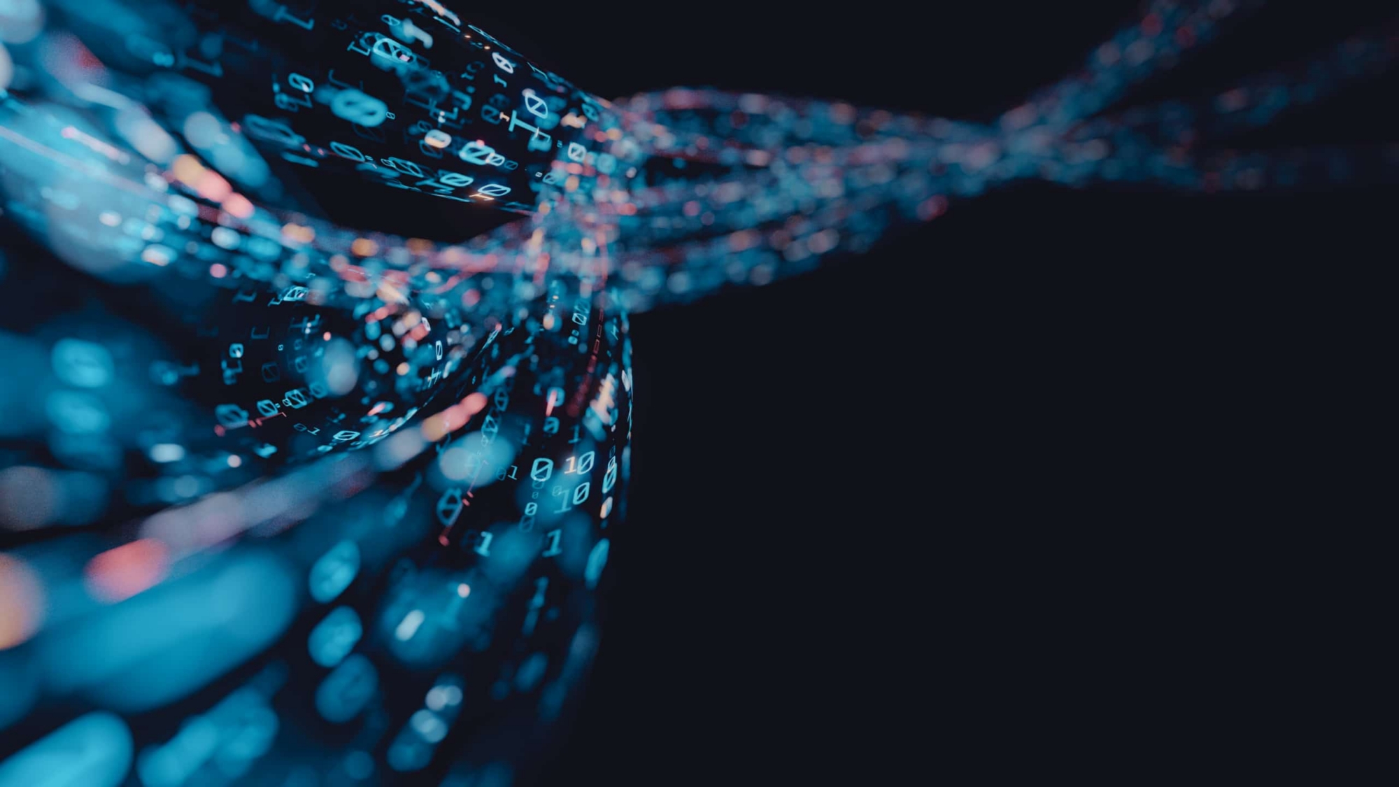 Digital DNA strands made of binary code on a dark background, symbolizing the intersection of genetics and technology.