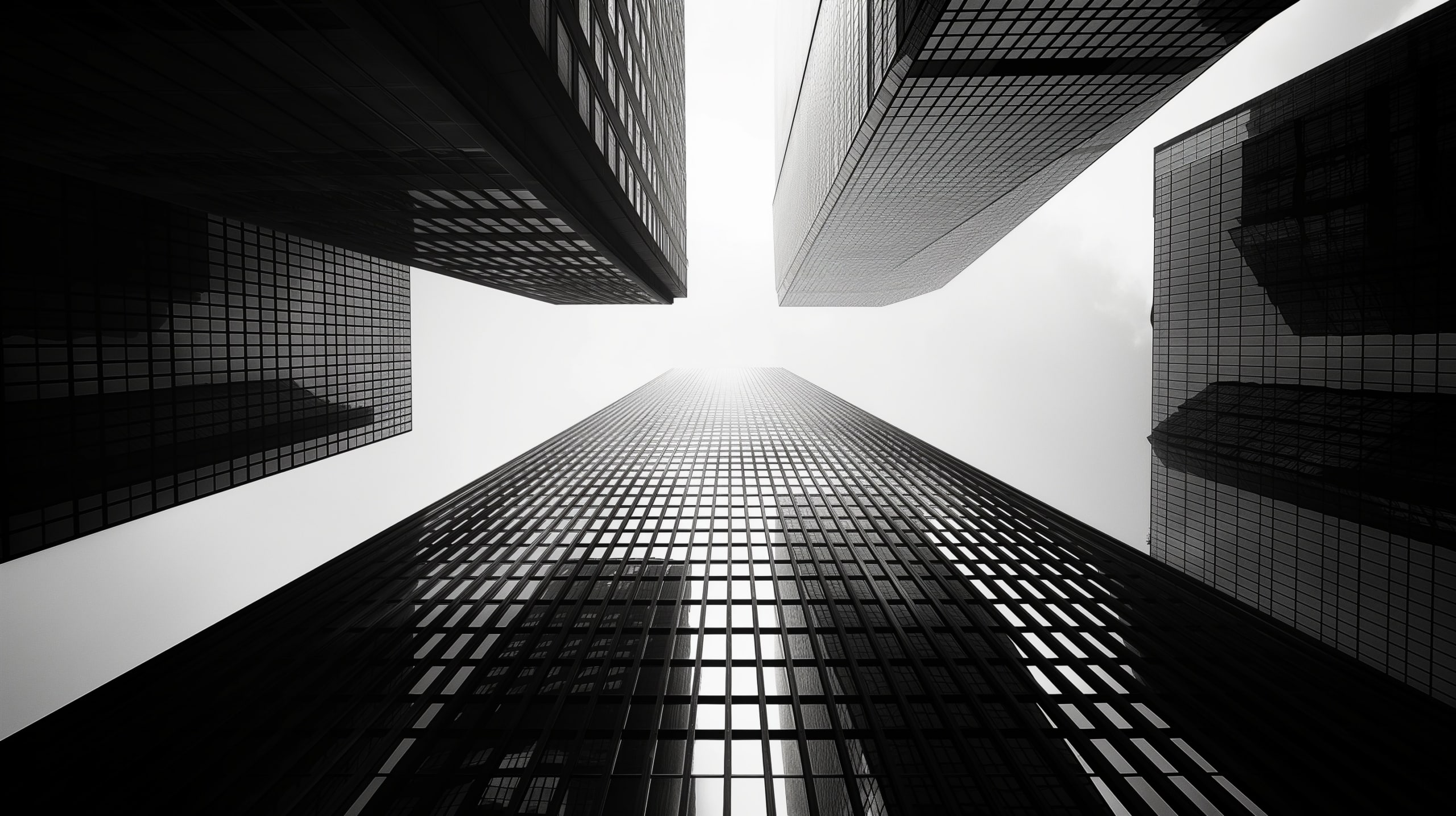Looking up at several modern skyscrapers with glass facades, converging toward a bright, overcast sky.