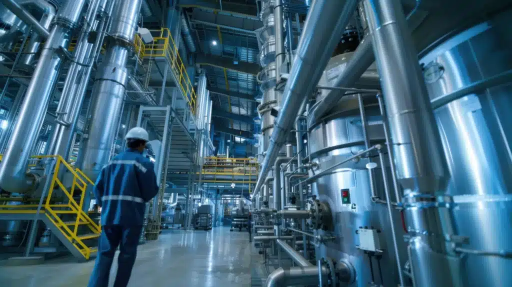 Worker in safety gear walks through a modern industrial plant filled with large metal pipes, tanks, and platforms under bright lighting.