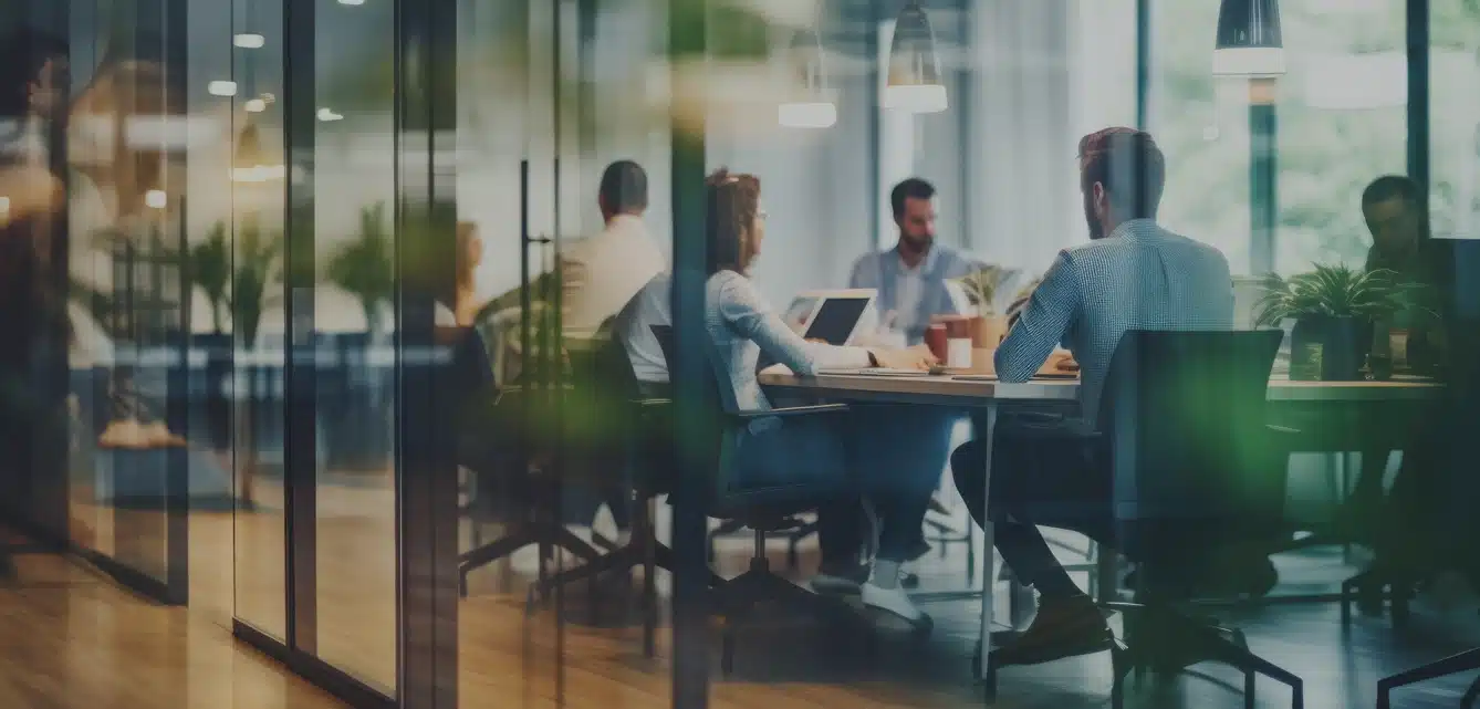 People sit around a conference table in a modern office, engaged in a meeting. Glass walls and large windows let in natural light. Laptops and plants are visible on the table.