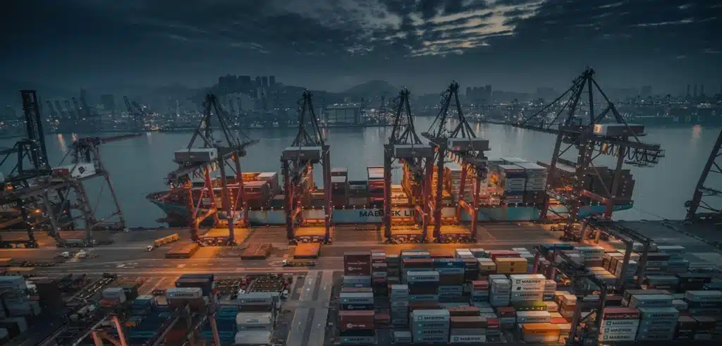 A busy shipping port at dusk with stacked cargo containers, large cranes loading ships, and city lights in the background.