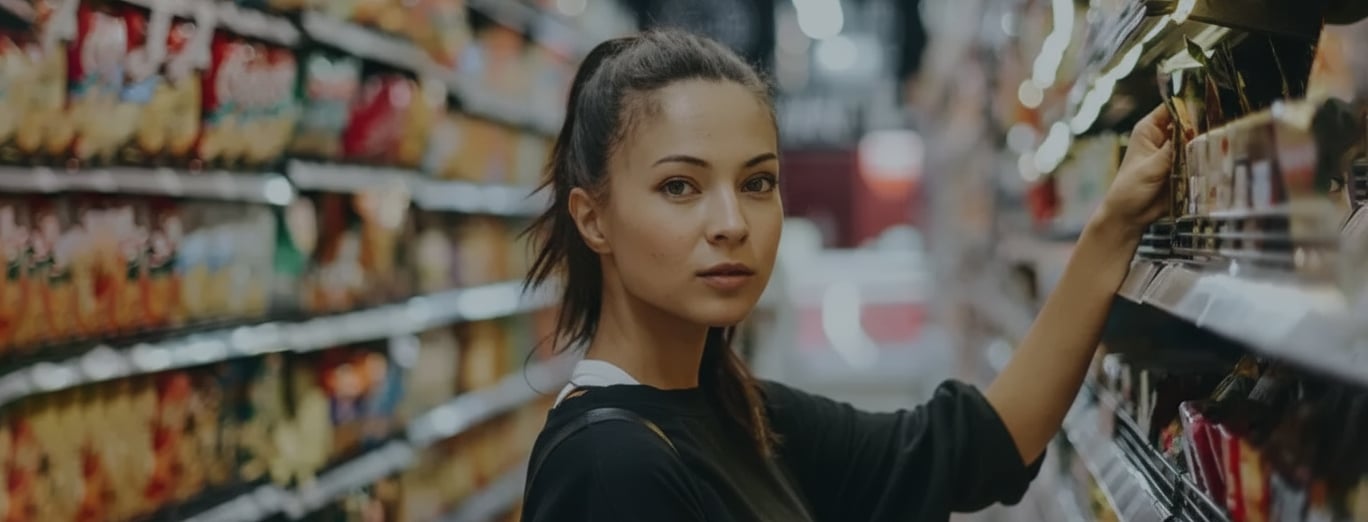 A woman stands in a grocery store aisle, facing the camera while reaching for an item on the shelf.