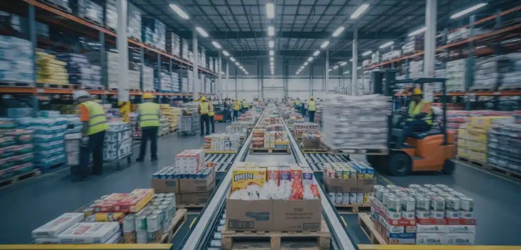 Workers in safety vests organize and move packaged goods in a large warehouse with high shelves, conveyor belts, and a forklift in operation.