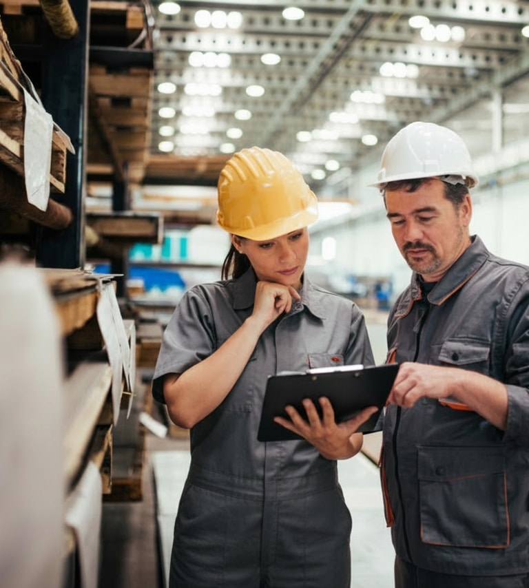 Two workers in hard hats and coveralls review information on a clipboard inside a large industrial warehouse or factory setting.