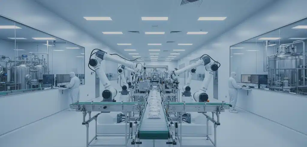 A clean, modern factory with robotic arms assembling products on a conveyor belt; workers in protective suits monitor equipment through glass partitions.