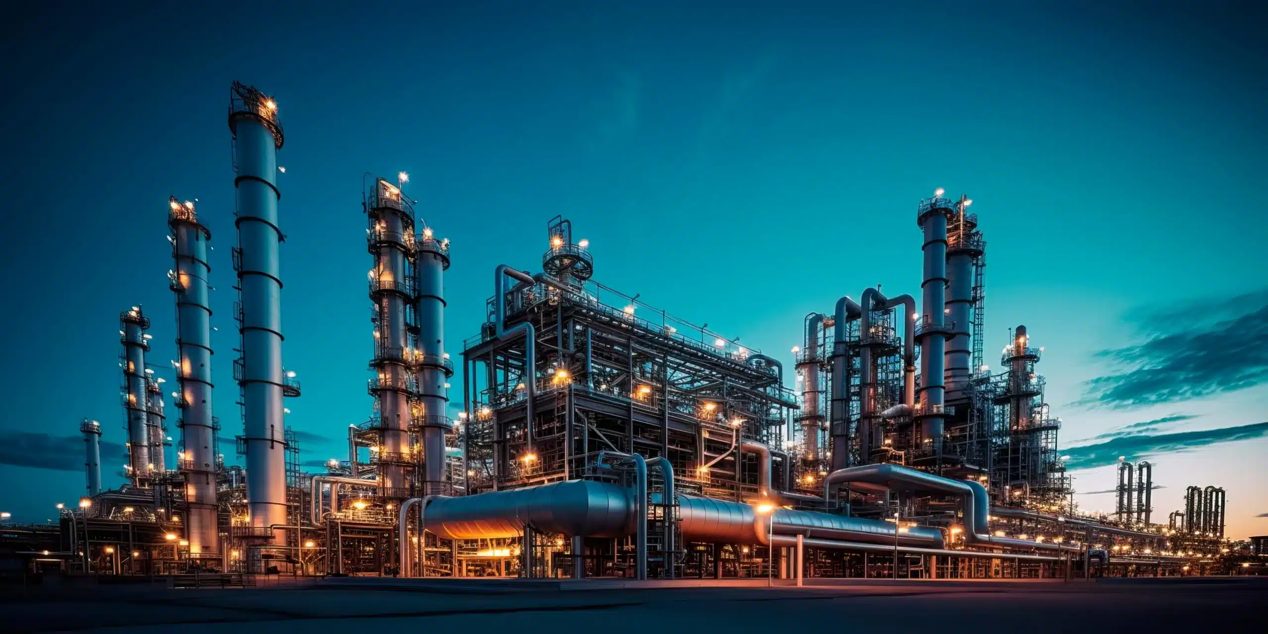 Industrial refinery complex at dusk, with illuminated towers, pipes, and structures against a clear blue sky.