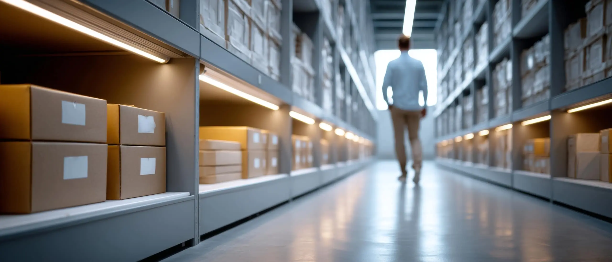 A person walks down an aisle in a warehouse lined with shelves full of labeled boxes and packages.